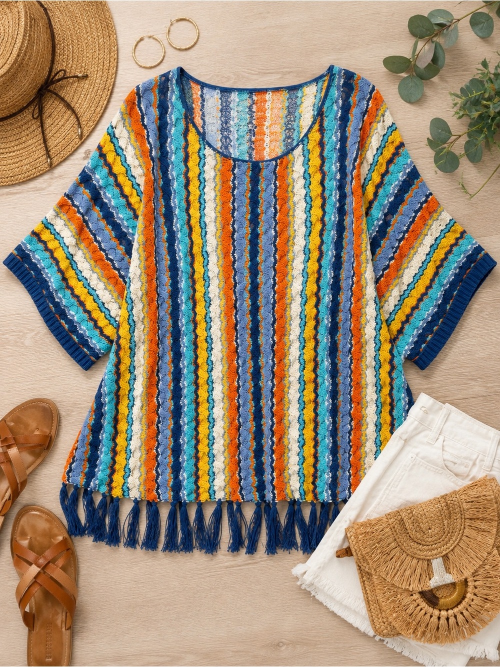 𝙍𝙪𝙗𝙮 𝙍𝙙 Top XL Multicolor Cable Knit Fringe Boho Coastal Tunic